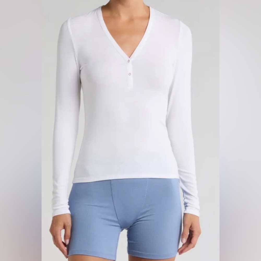 LUNYA Soft Modal Rib V-Neck Henley Long Sleeve Top Large
